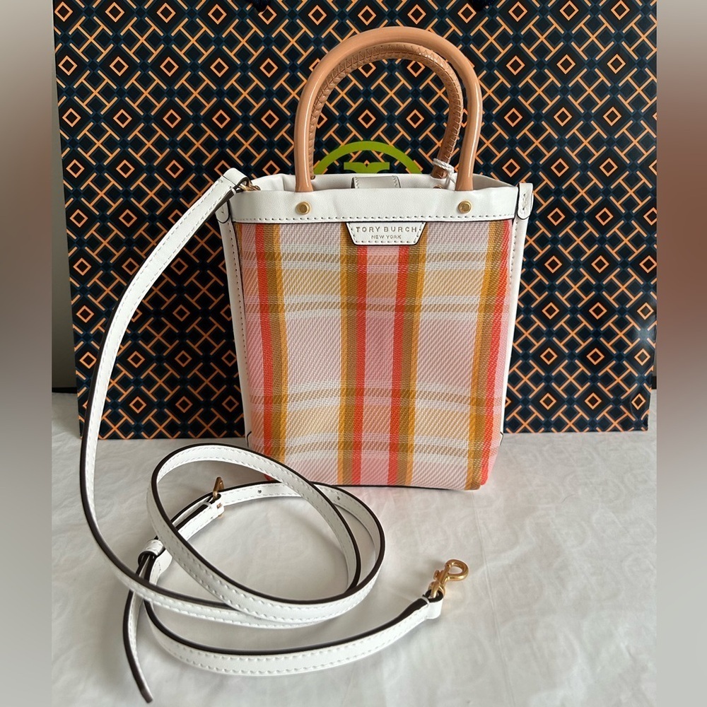Tory Burch Mini Perry Mesh Tote Canyon Flower Plaid White Pink Tan Yellow Gold
